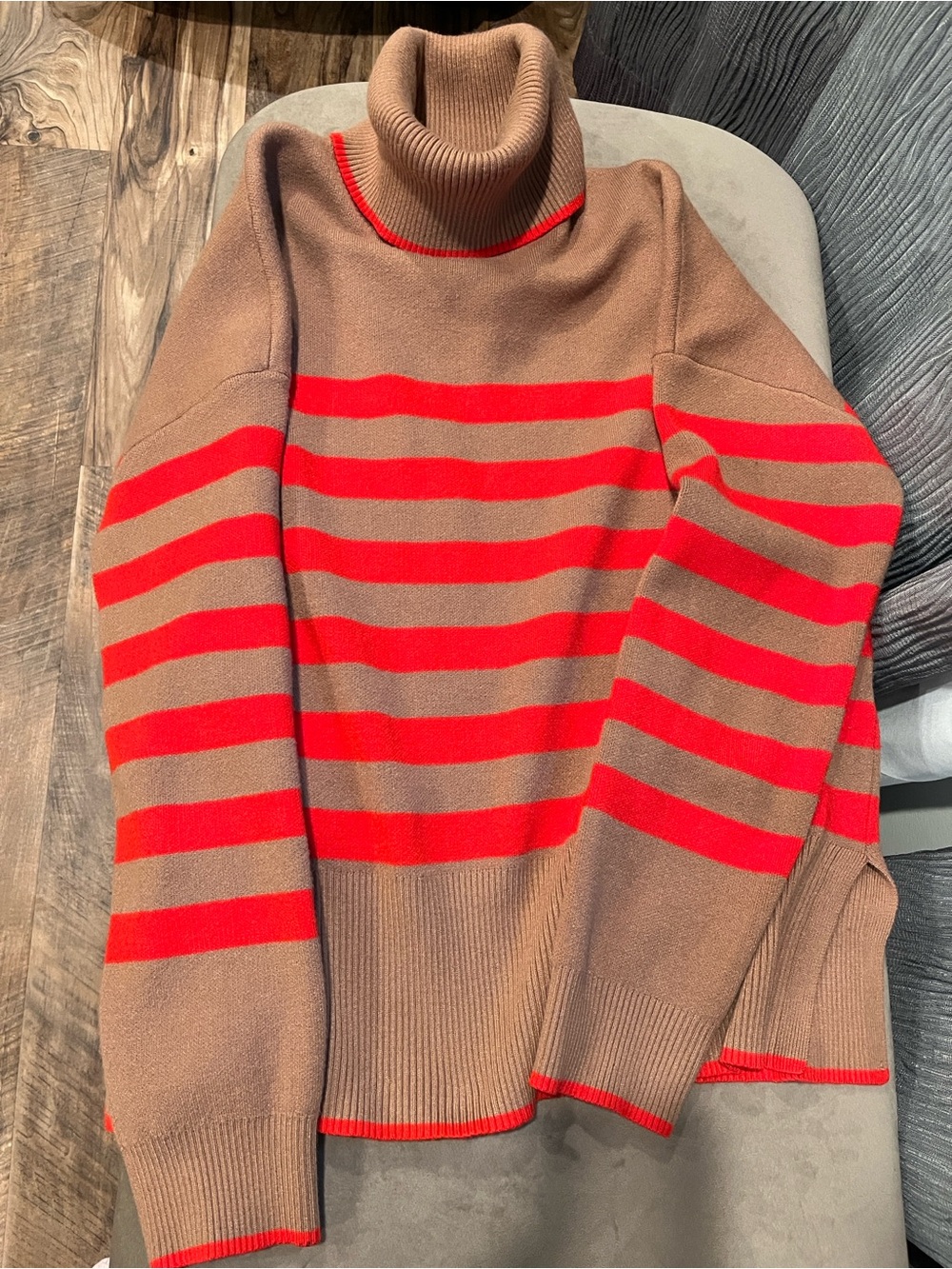 Tahari Camel Brown Sweater with Red Stripes Turtleneck Cowl Neck